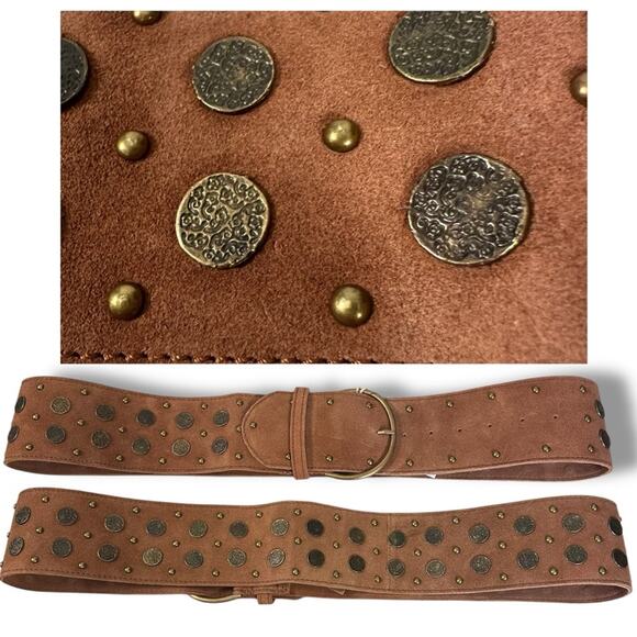 Free People Bohemian Brown Leather Suede Studded Honeydew Hip Belt Medium Large main image 8